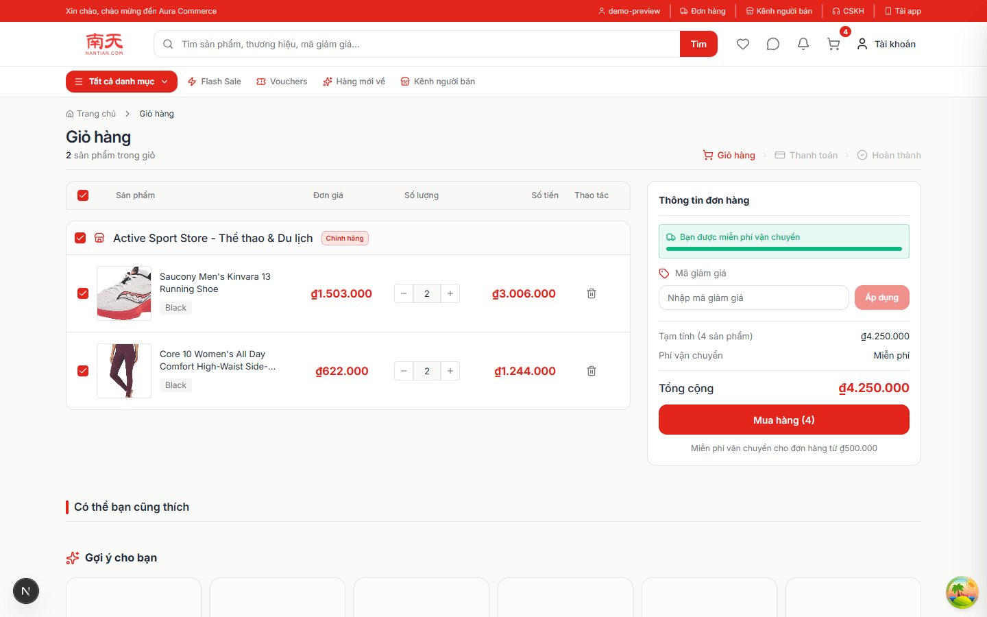 Cart — grouped by shop
