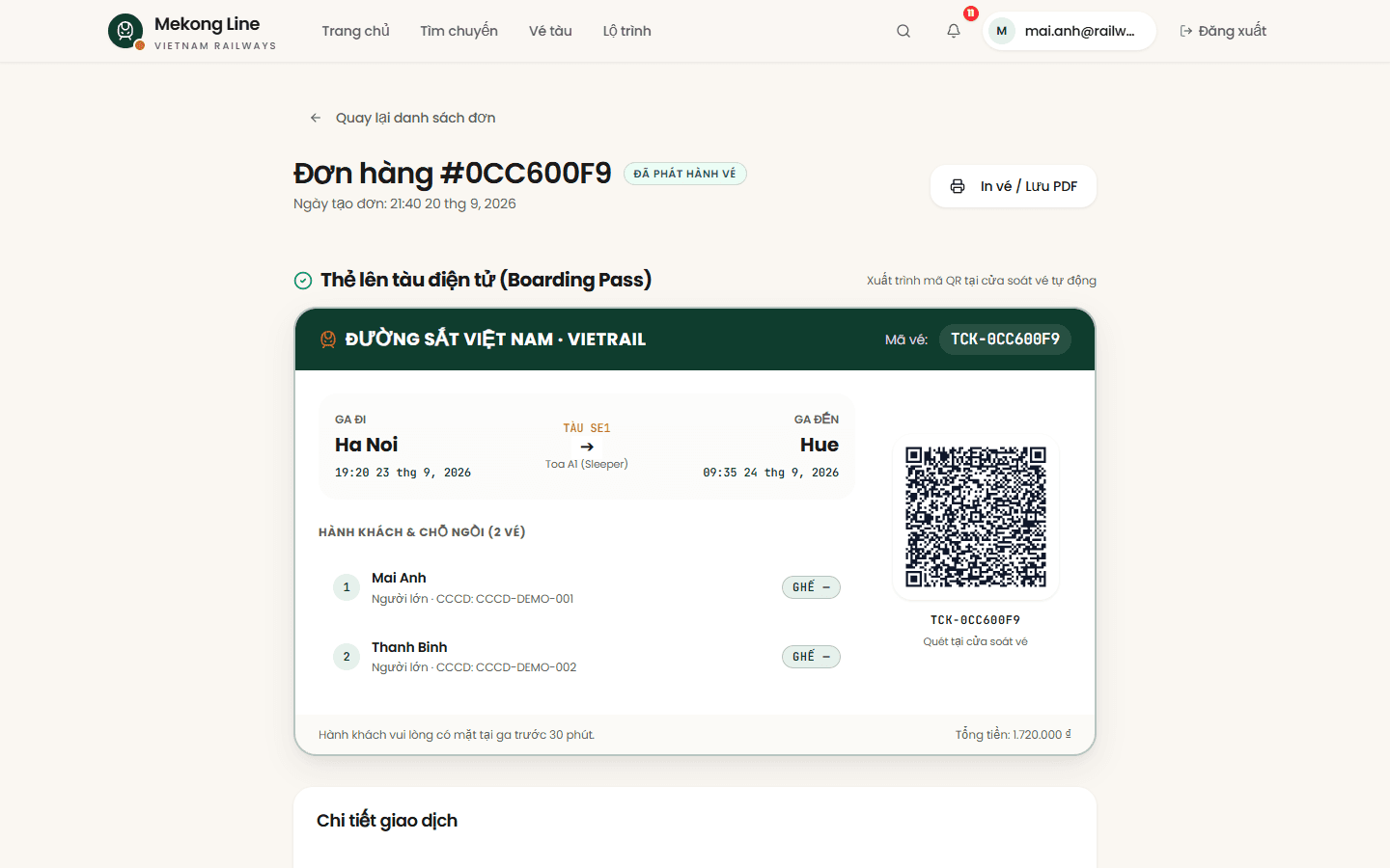 Order detail — paid booking